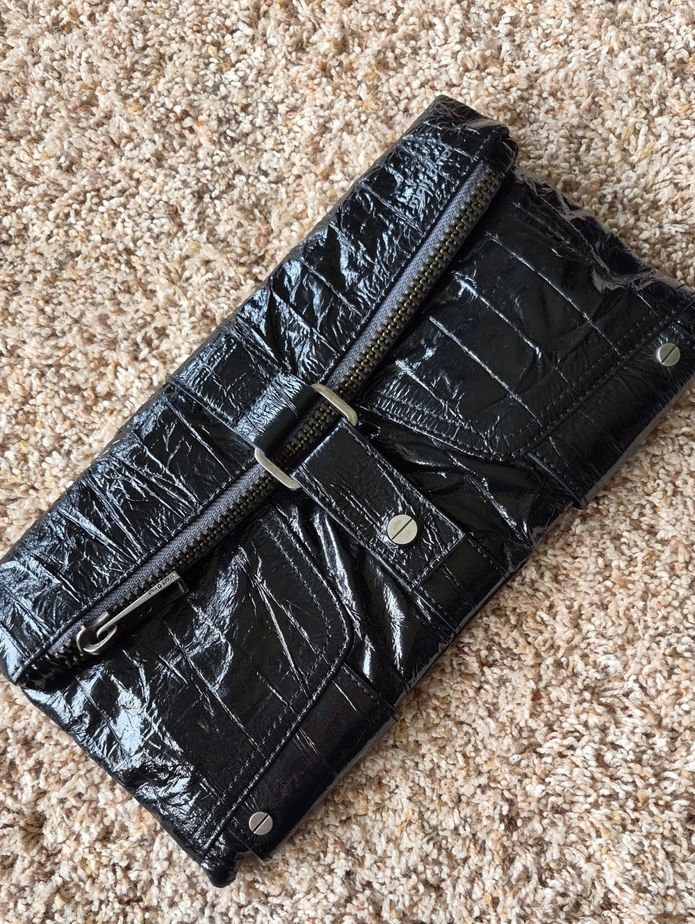 Matt & Nat Black Croc-Embossed Foldover Clutch with Zip Detail